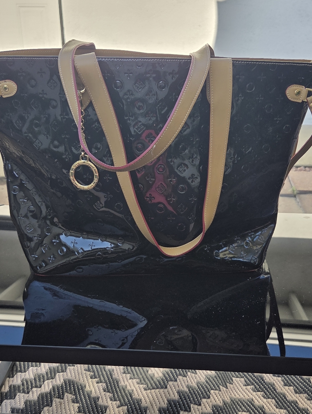 Invece Black/tan Patent Leather Women’s Black Patent Tote Bag Made In Italy.